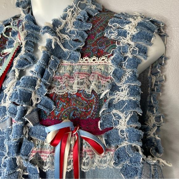 HANDMADE Vintage OOAK Upcycled Funky Unique Denim Vest Tassle Beaded Lace Fringe - Picture 5 of 11